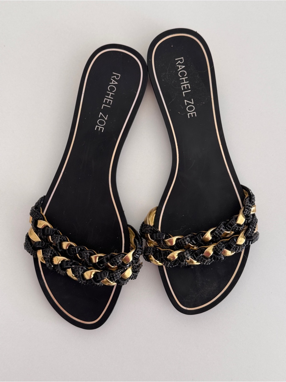Rachel Zoe Black & Gold Braided Shelia Slide Sandals flat shoes size 8